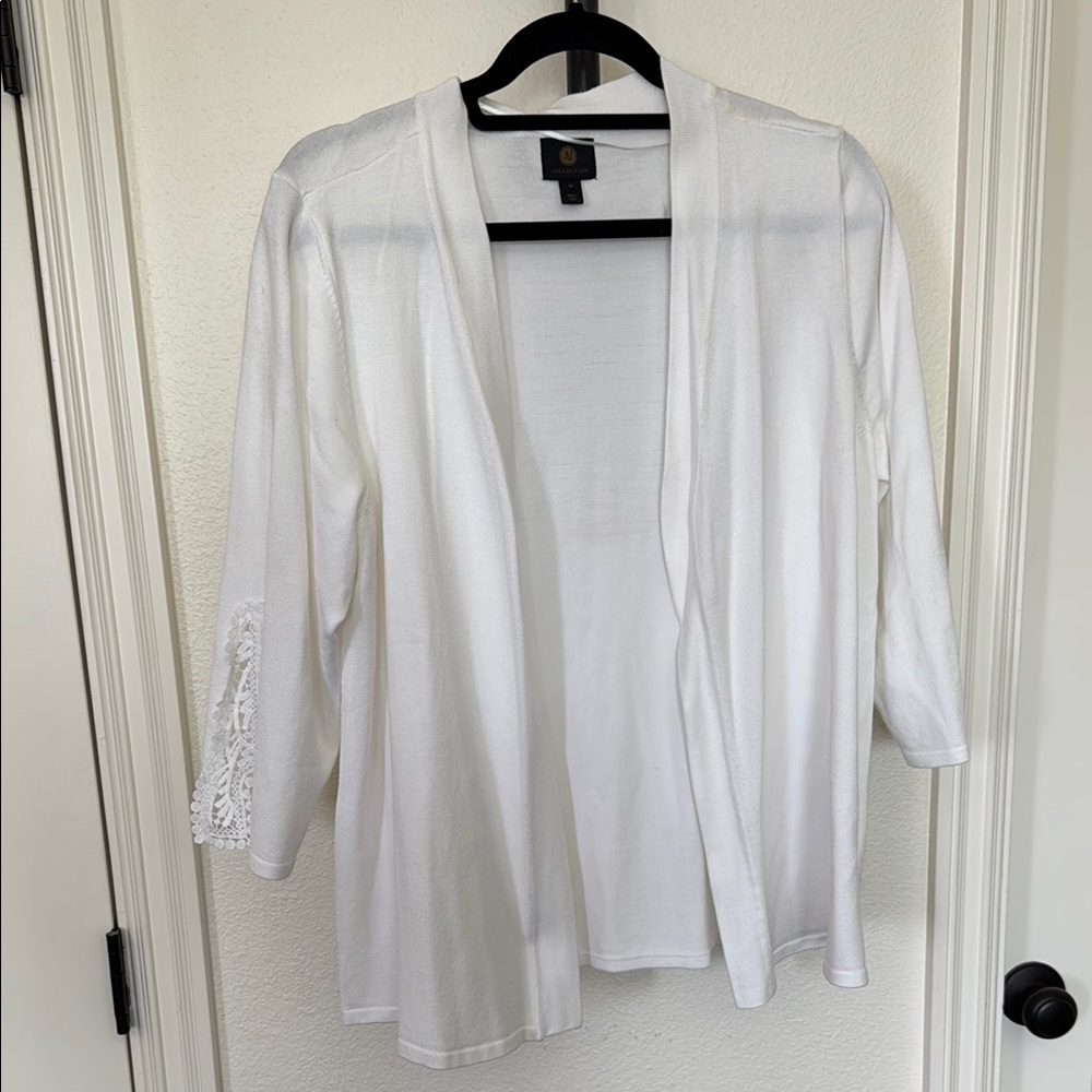 White Open Front Cardigan with Lace Detail